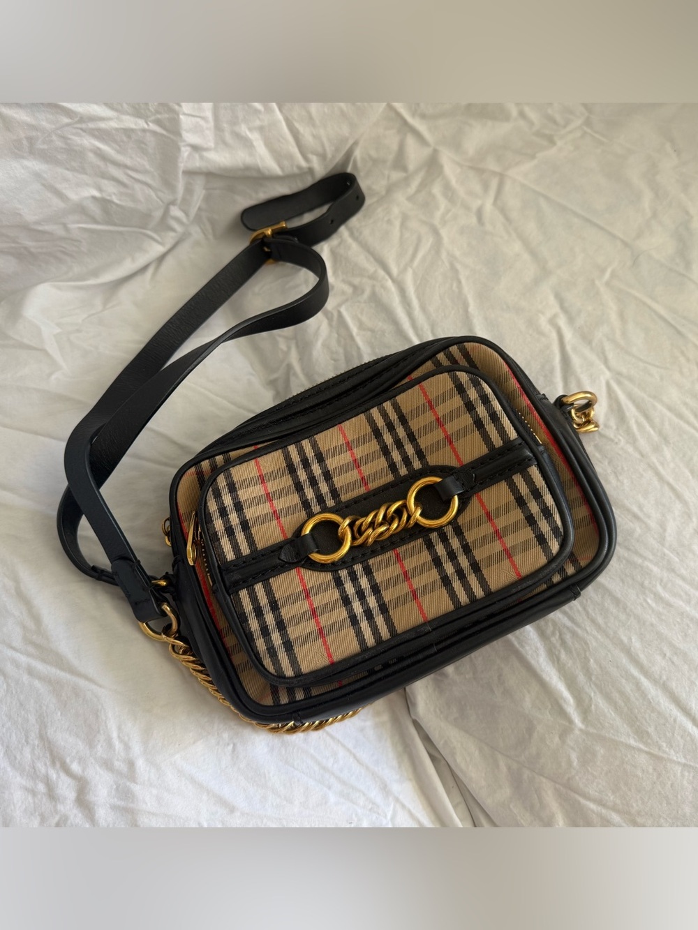 Burberry Beige Plaid Crossbody with Black Trim and Gold Hardware